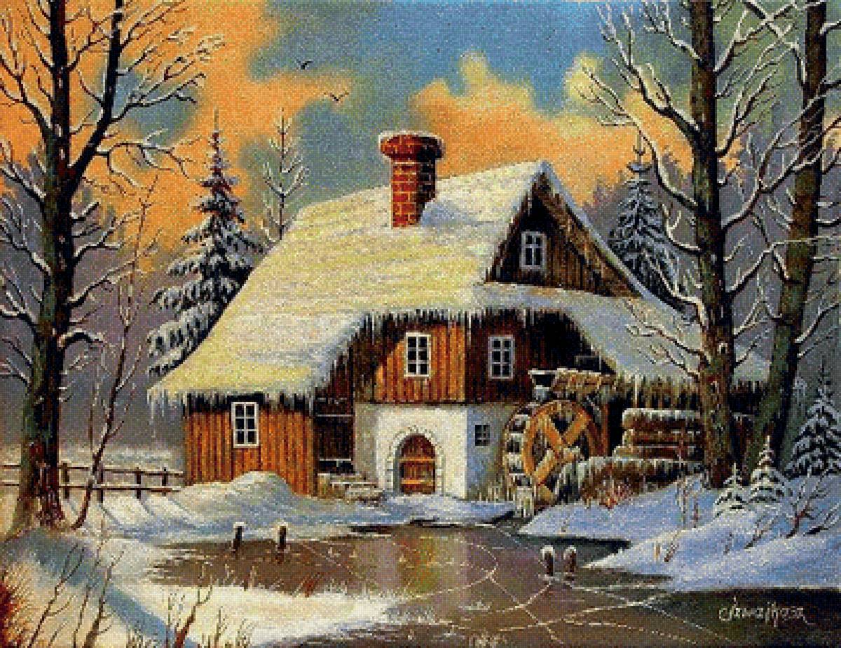 зимняя мельница - природа, зима, пейзаж - предпросмотр