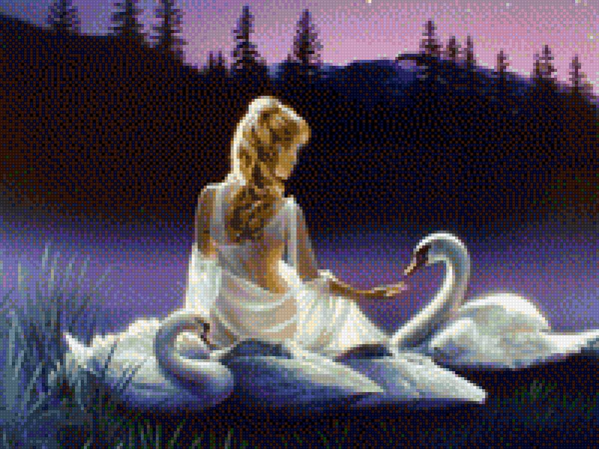 Девушка с лебедями - лебеди, девушка, ночь - предпросмотр