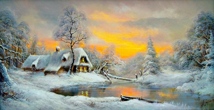 zimowy zachód w lesie - оригинал