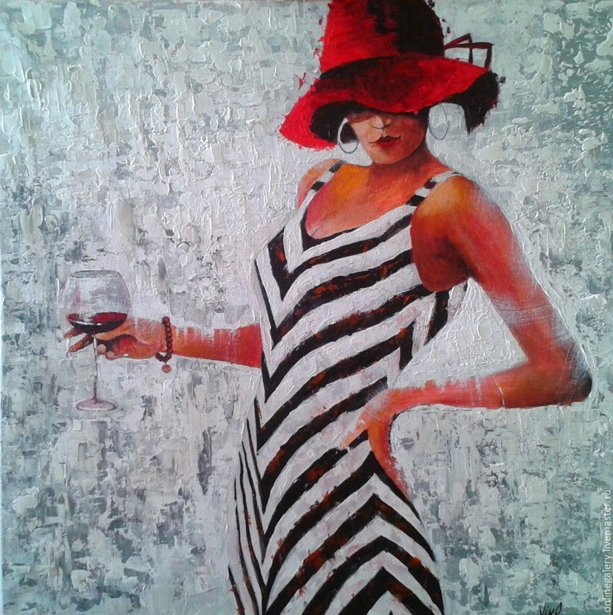 Девушка в полосатом платье - туняпродакш, полоски, бокал вина, девушка - оригинал