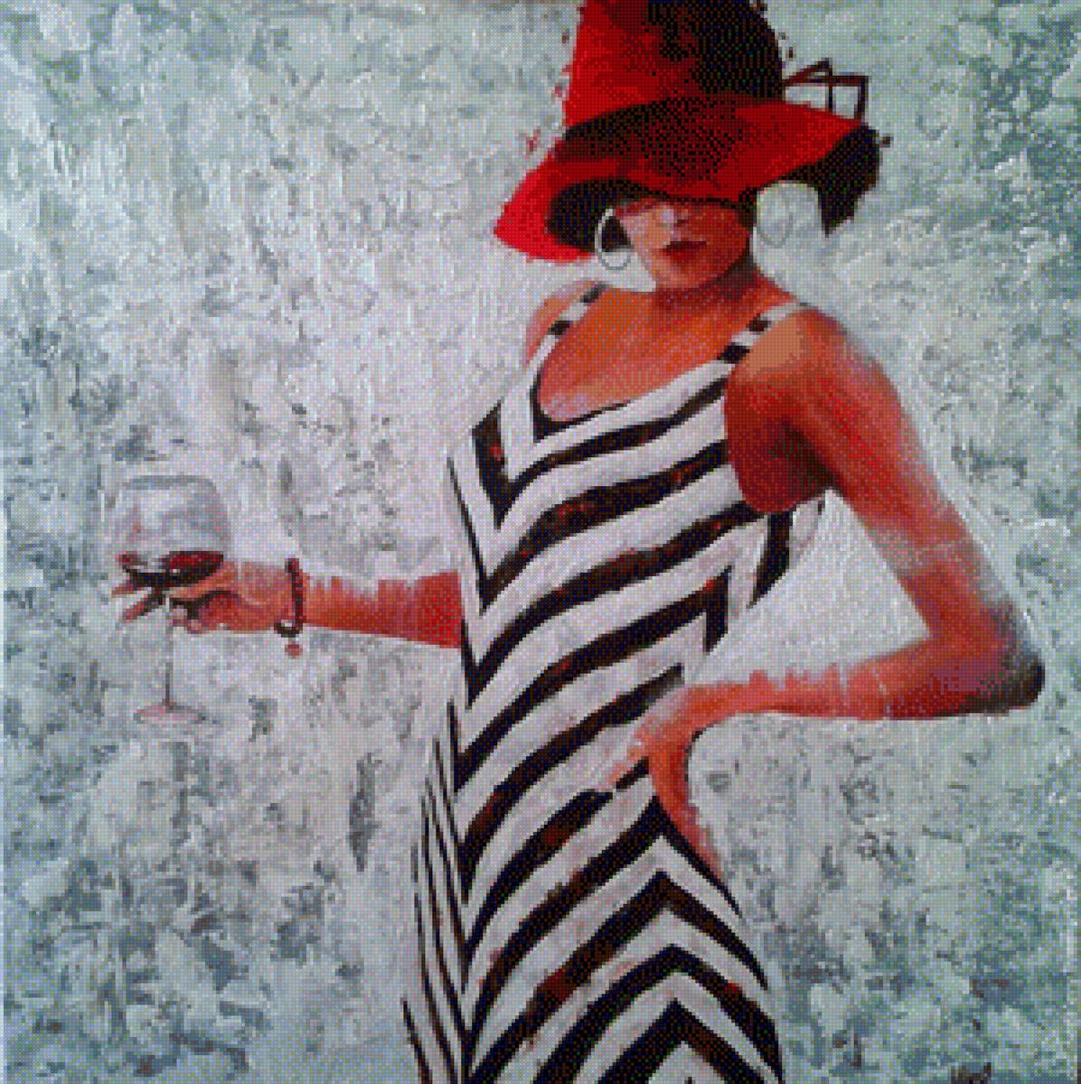 Девушка в полосатом платье - полоски, туняпродакш, бокал вина, девушка - предпросмотр