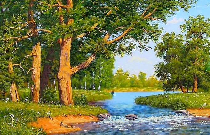 речные перекаты - пейзаж, лес, природа, картина - оригинал