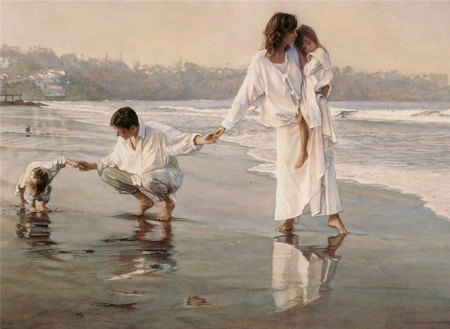 вечерняя прогулка - вечер, море, семья, прогулка, пляж - оригинал