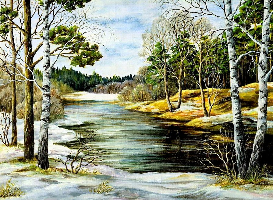 "Весна идёт - весне дорогу!" - снег, река, ручей, пейзаж, лес, березы, весна - оригинал