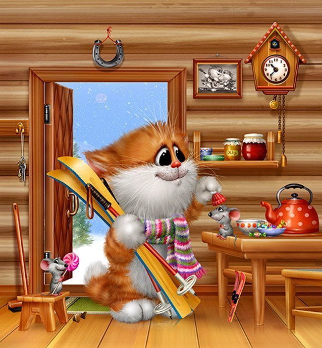 Серия "Котомышки" - посиделки, мышки, дом, зима, уют, кот - оригинал