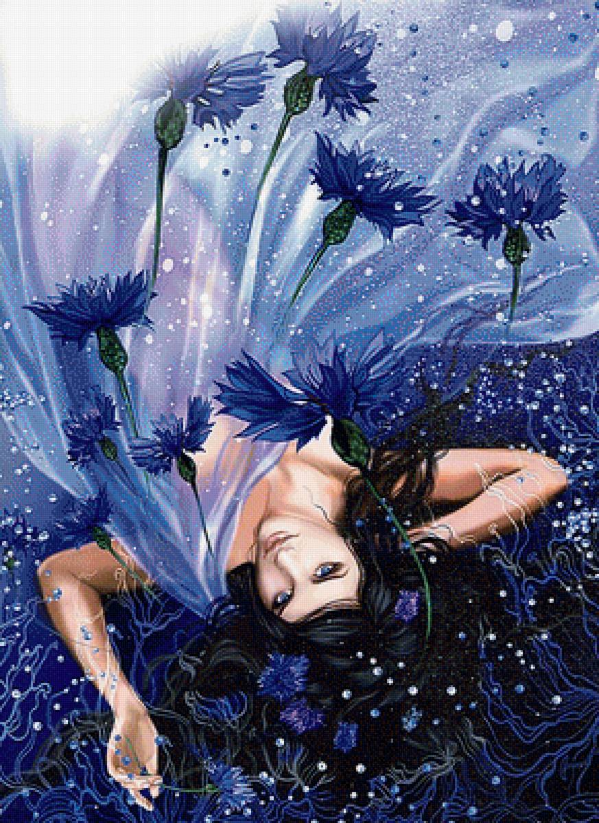 Арт - ночь, девушка, арт, цветы, фентази, васильки - предпросмотр