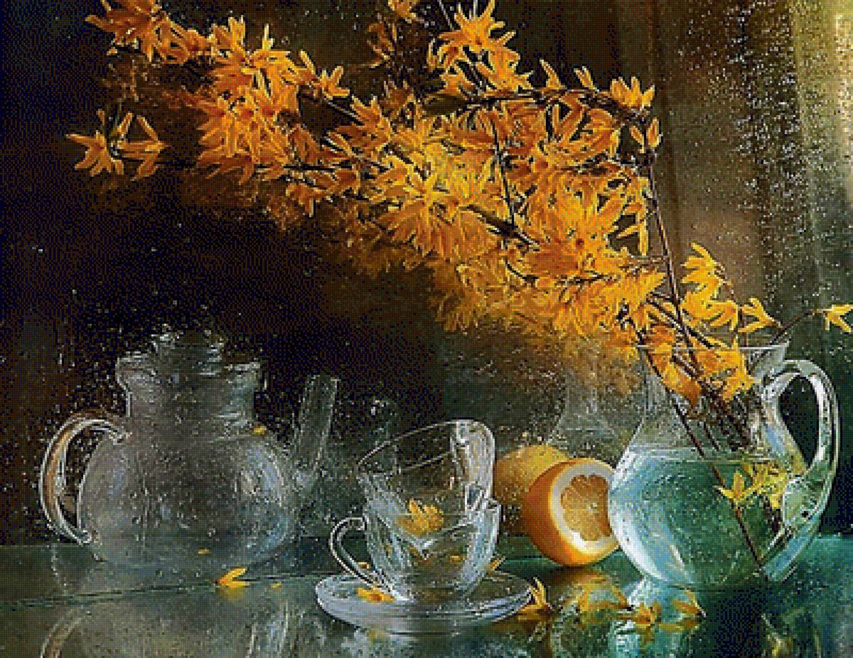 Дождливый день. - чайник, живопись., дождь, чашки, букет - предпросмотр