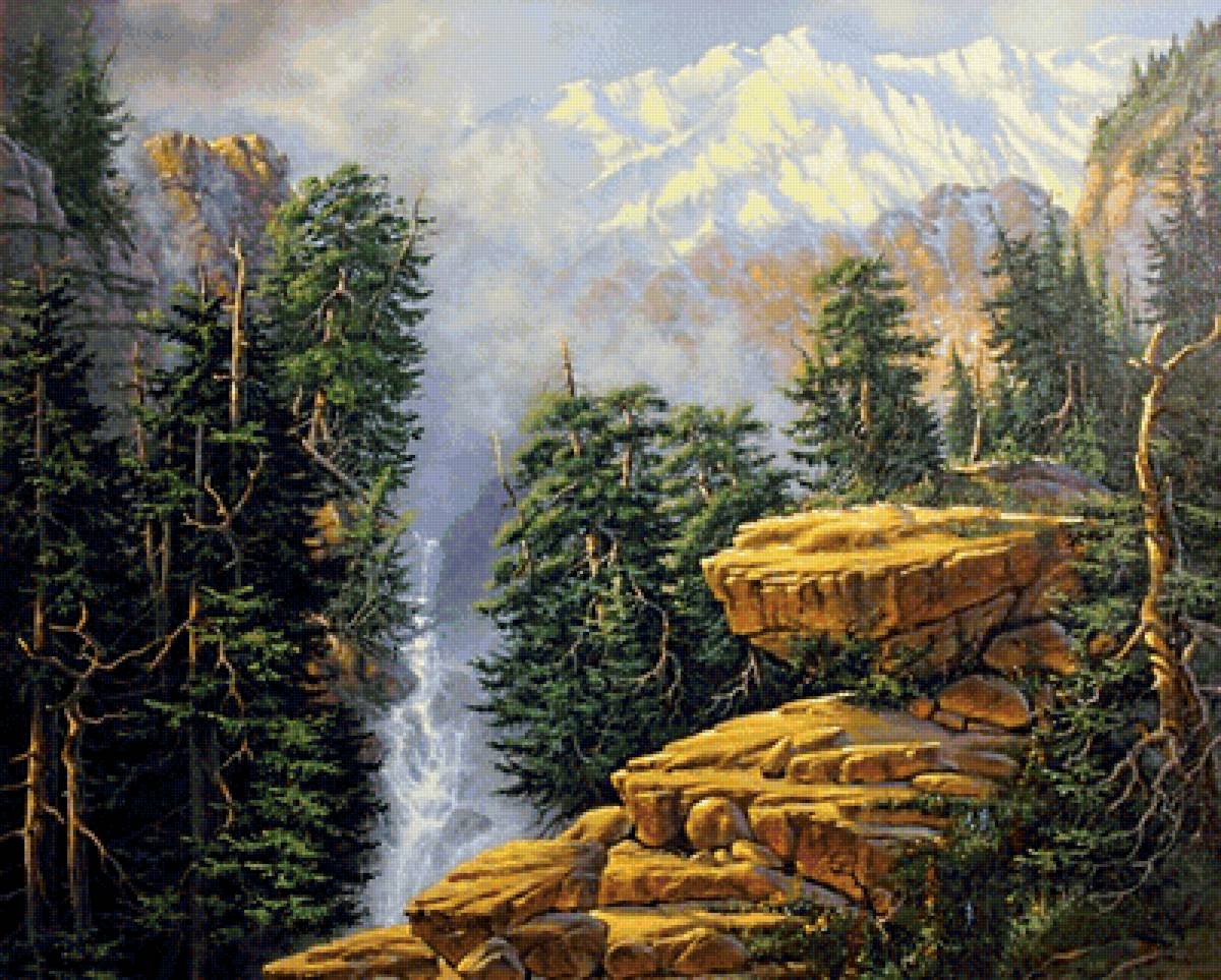 горный пейзаж - река, пейзаж, лето, водопад, горы, лес - предпросмотр