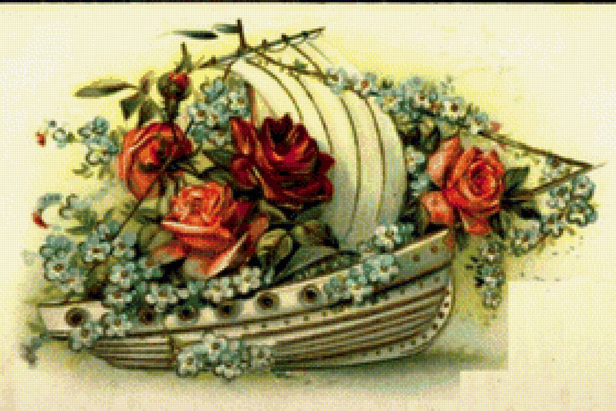 Кораблик с розами - вышивка крестом - предпросмотр