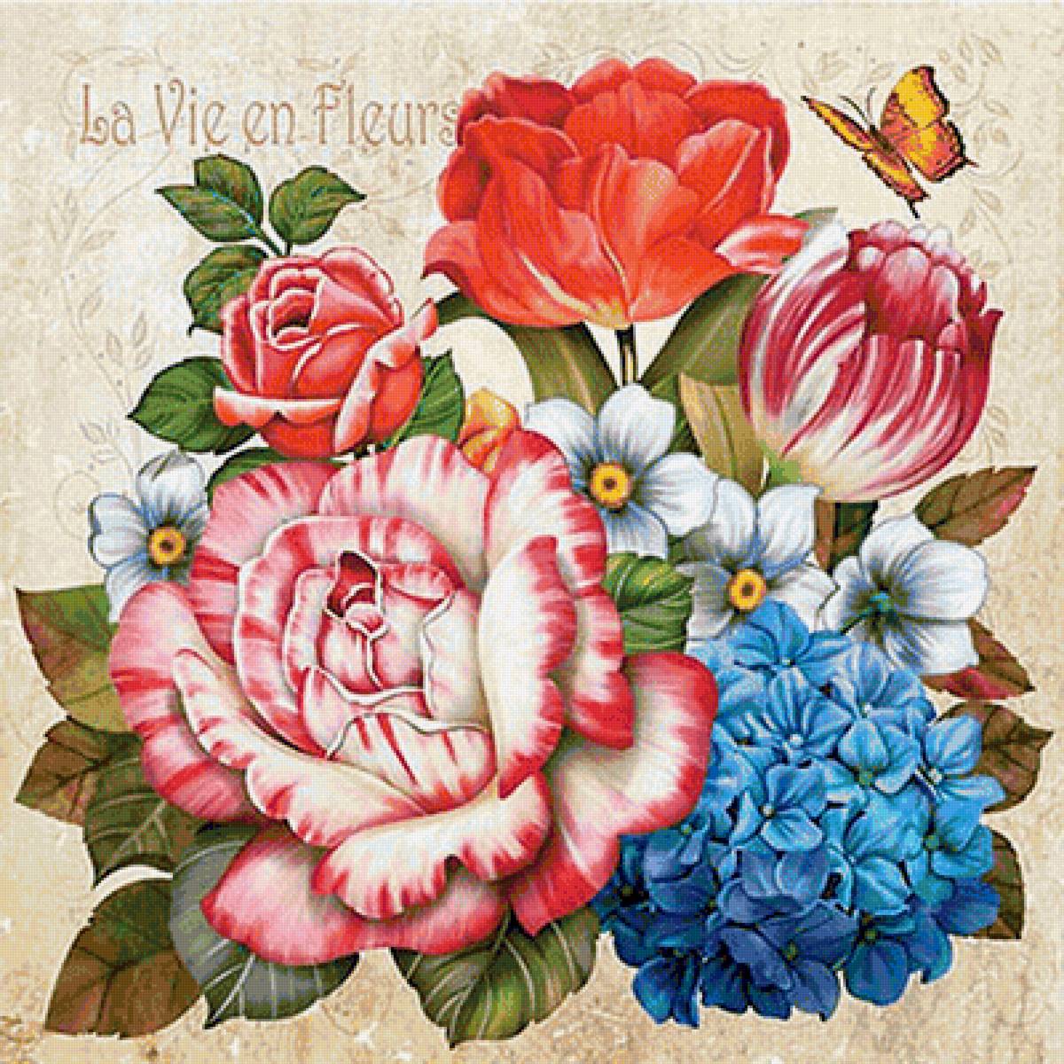 прекрасный букет - синие цветы, подушка, роза, букет, гортензия, розовые цветы - предпросмотр