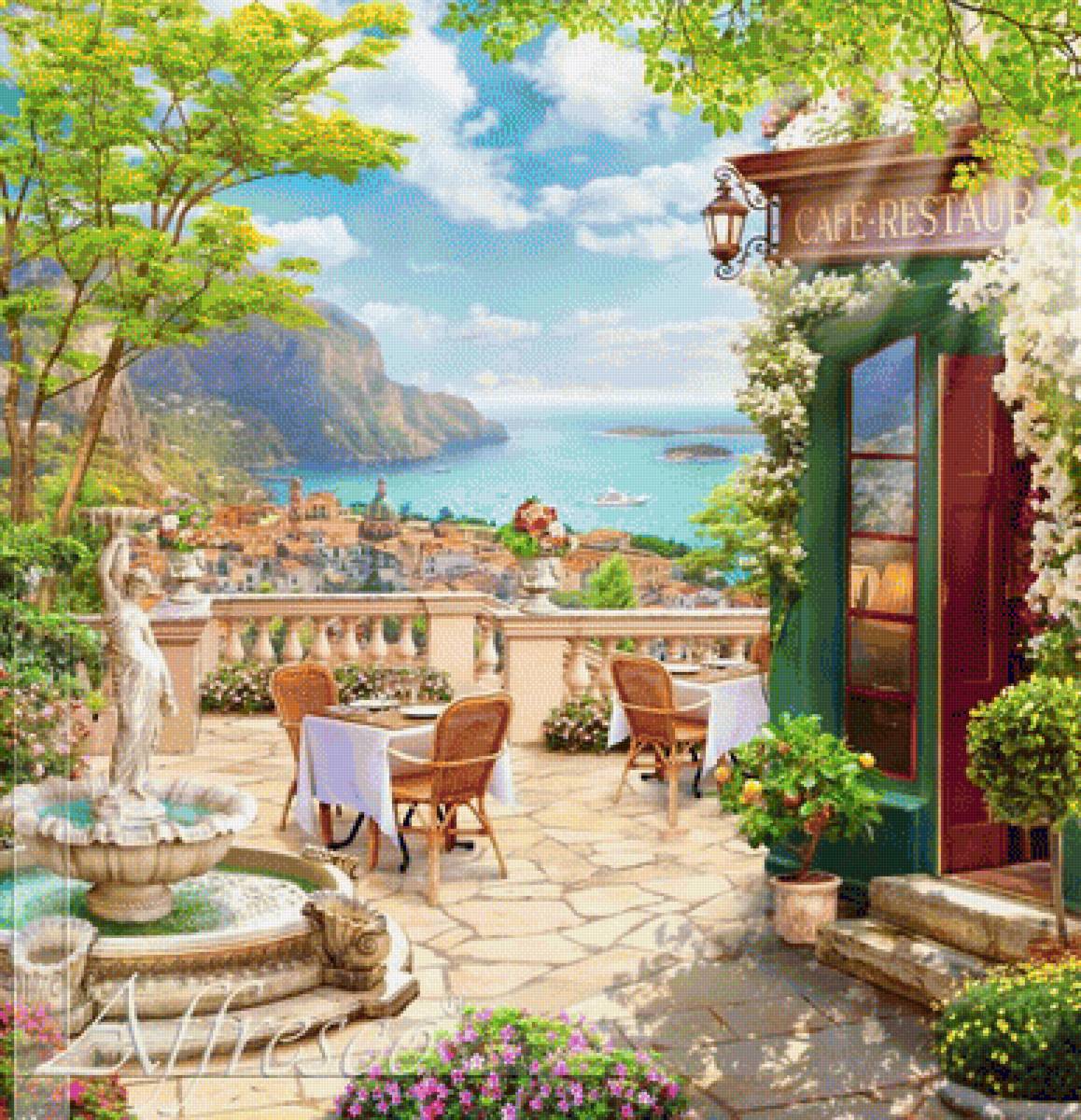 Прибрежное кафе - вышивка крестом - предпросмотр