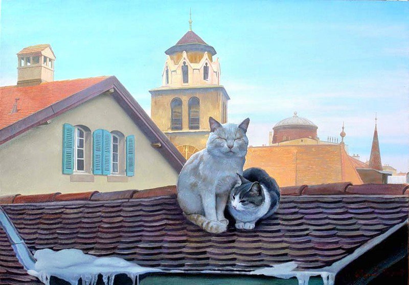 Кошки - животное, пара, кошка, кот, арт - оригинал