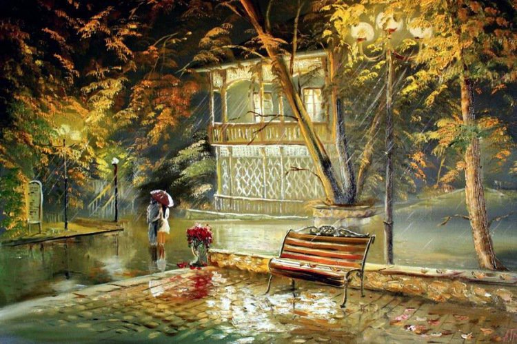 романтика дождливой ночи - дождь, город, городской пейзаж, пара - оригинал