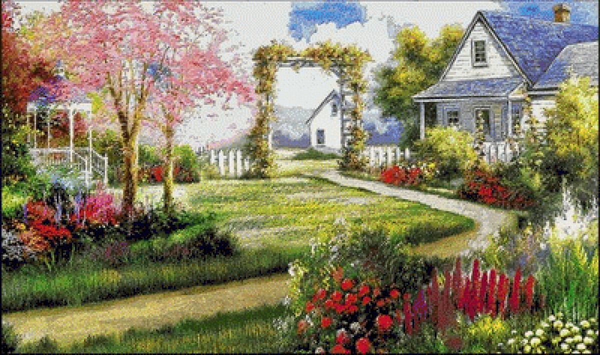 Живописный дворик - вышивка крестом - предпросмотр