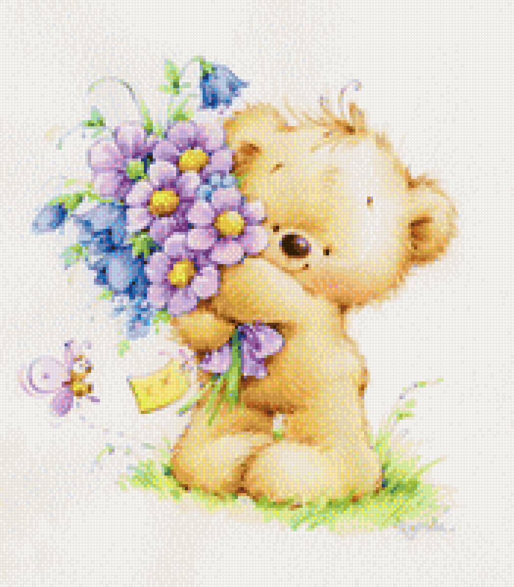 Мишка и букет - букет, цветы, мишка - предпросмотр