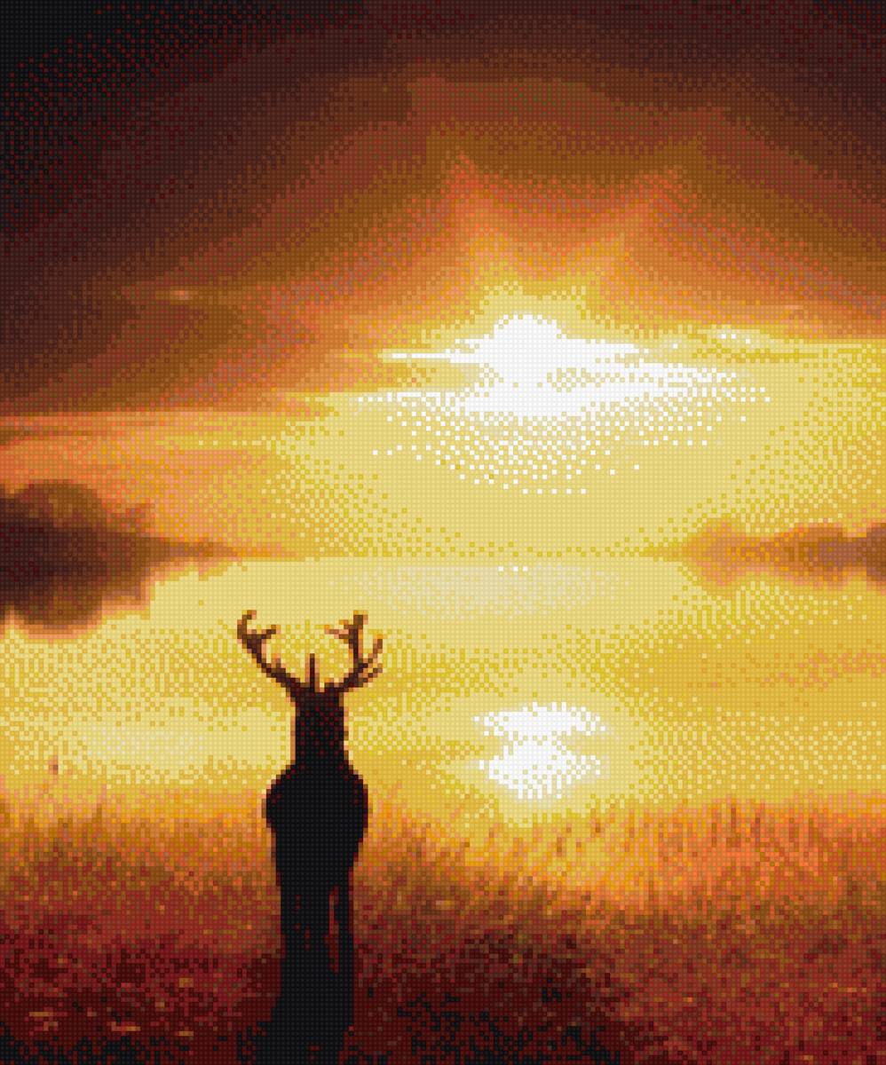 Олень - озеро, олень, пейзаж, вода, природа, закат, вечер - предпросмотр