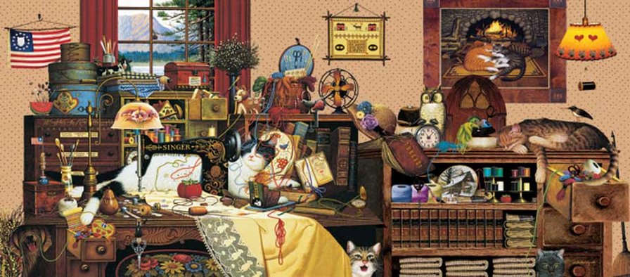 Кошки в швейной комнате - машинка, швейная, рукоделие, кошки, кот, комната - оригинал