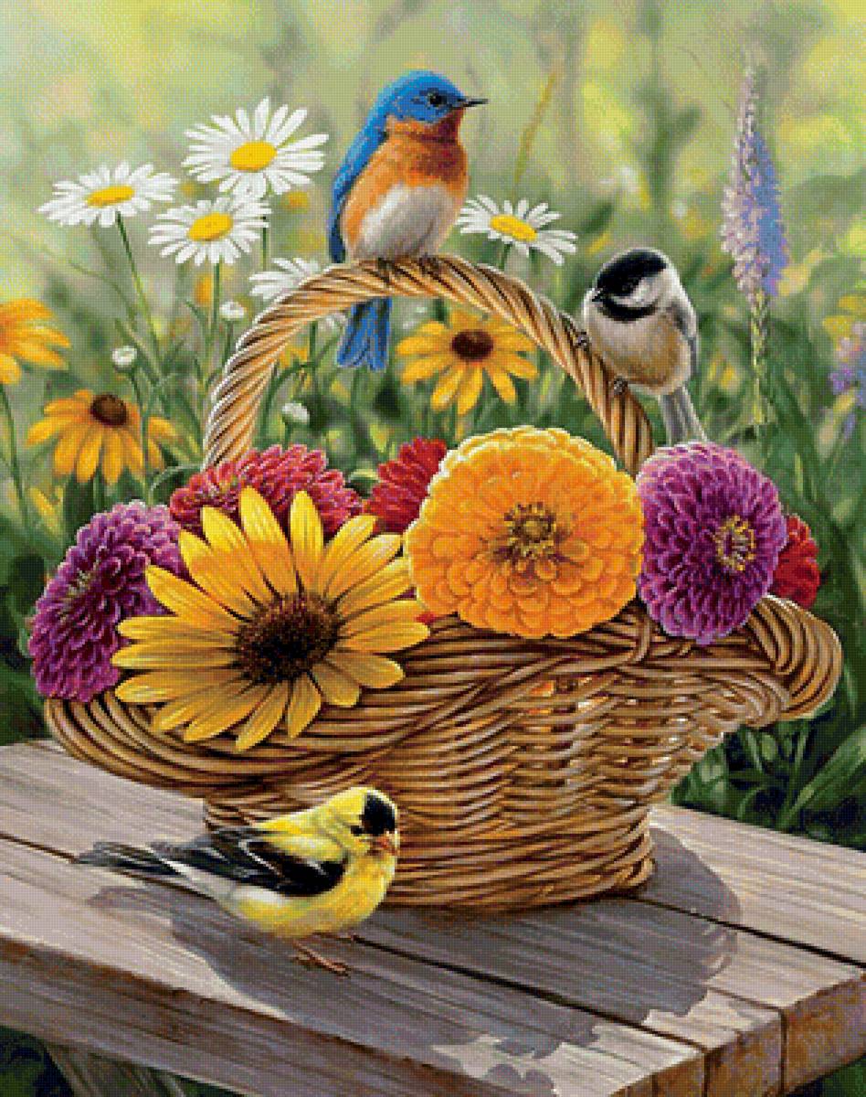 Краски лета - натюрморт, цветы, природа, птицы - предпросмотр
