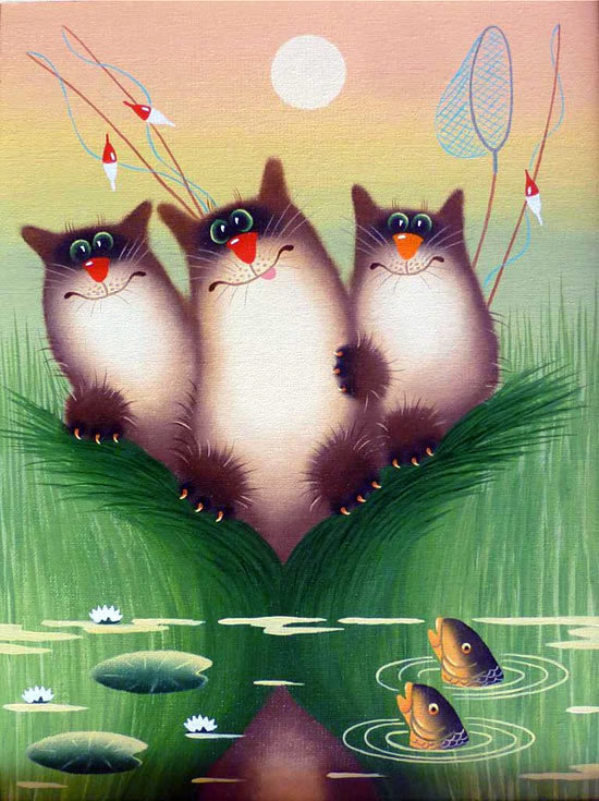 Рыбаки - природа, рыбалка, коты, рыба - оригинал