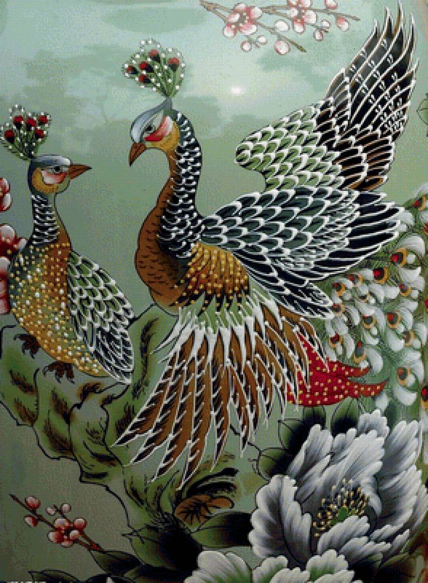 райские птицы - павлин, цветы, птицы - предпросмотр