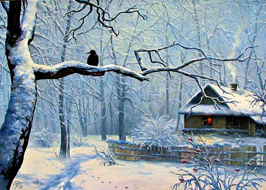 Зимний день - снег, зима, ворон., домик - оригинал