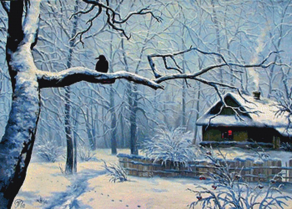Зимний день - зима, ворон., снег, домик - предпросмотр