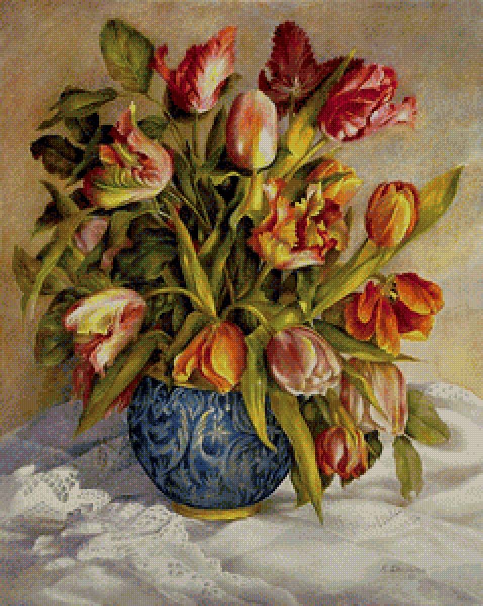 Букет тюльпанов в вазе - натюрморт вышивка крестом - предпросмотр