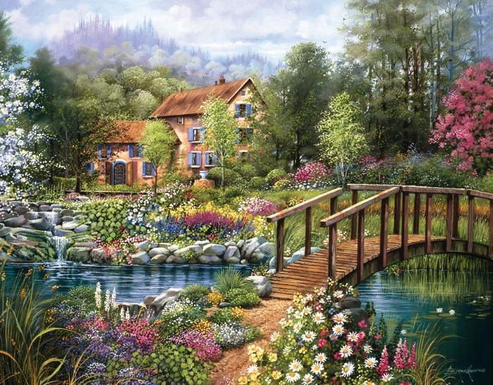 домик у озера - лето, цветы, сад - оригинал