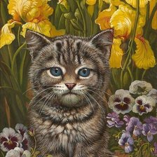 Схема вышивки «котик с желтыми ирисами»