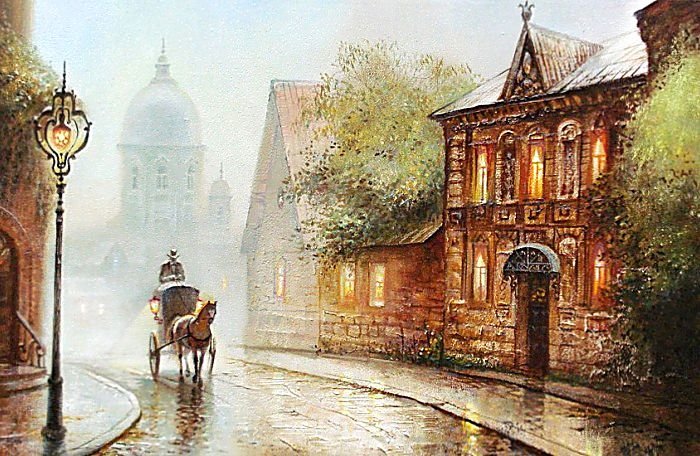 Осень в старой Праге. - город, осень, живопись., экипаж - оригинал