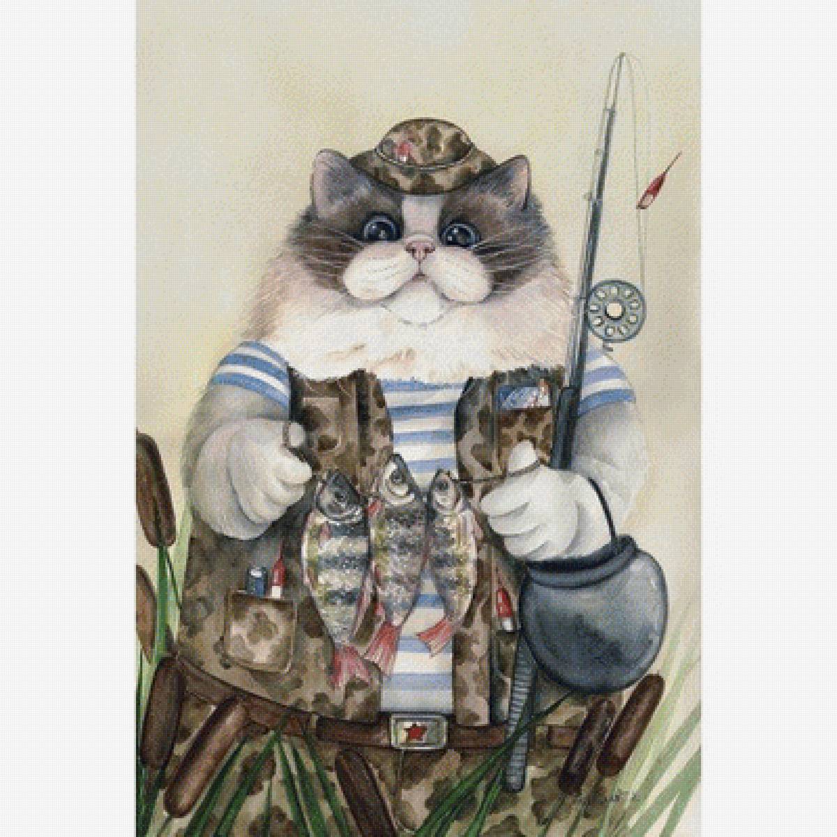 Мир животных - арт, животное, рыбак, кот - предпросмотр