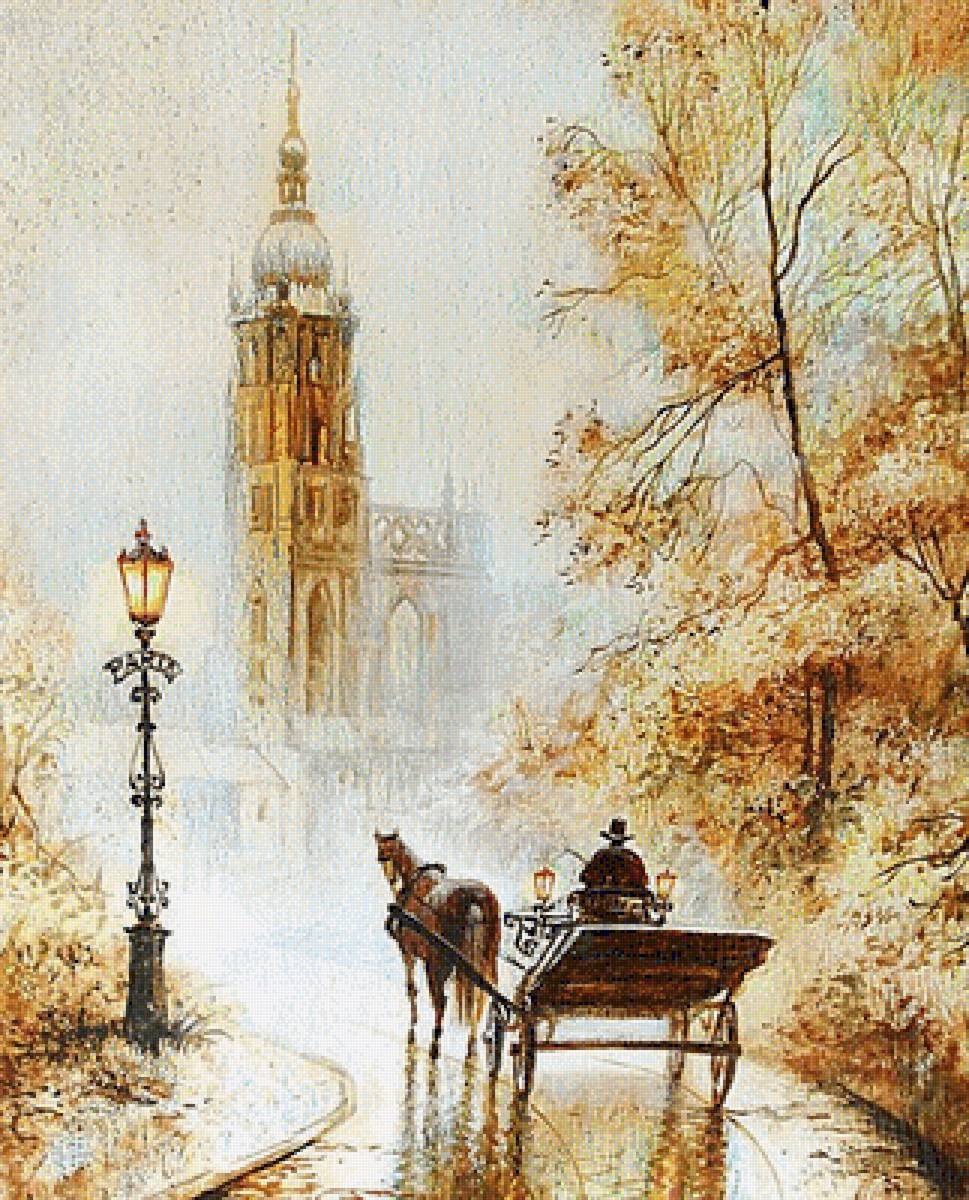 Старый город. - экипаж, живопись., город - предпросмотр