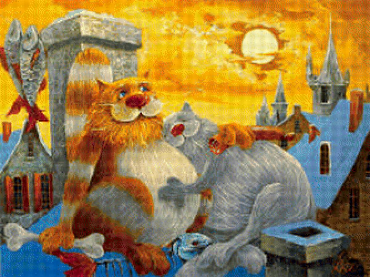 Сладкая парочка - котики, парочки, вечер, романтика - предпросмотр