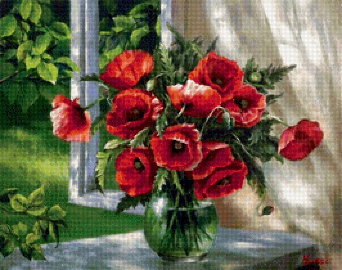 Букет на окошке - окошко, лето, цветы - предпросмотр