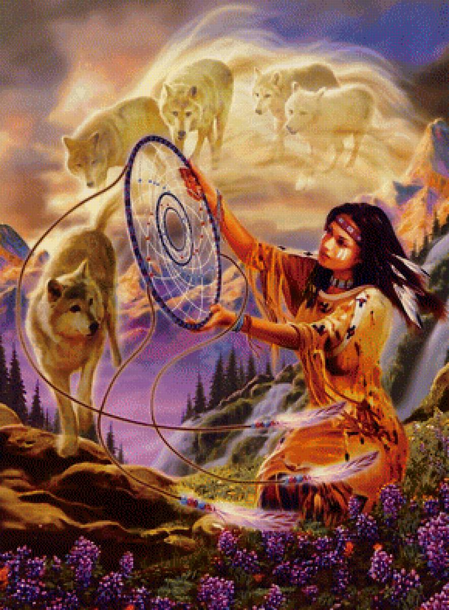 Ловец снов - ловец снов, индианка, закат, волки - предпросмотр