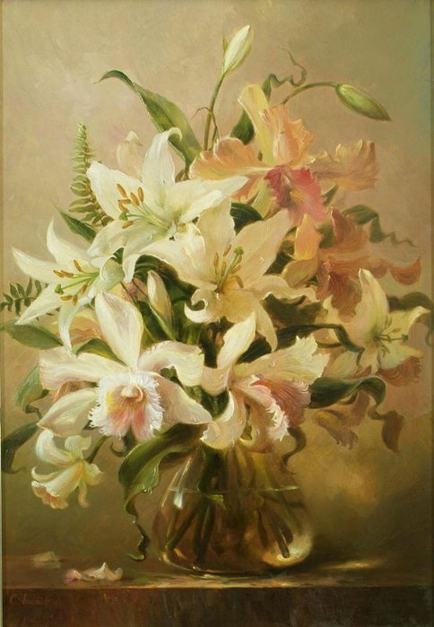 БУКЕТ ЦВЕТОВ - орхидея, белые лилии - оригинал