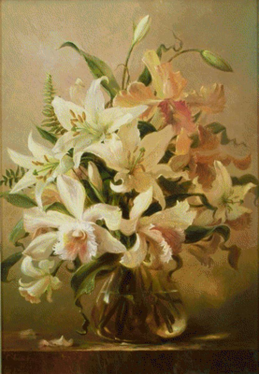 БУКЕТ ЦВЕТОВ - орхидея, белые лилии - предпросмотр