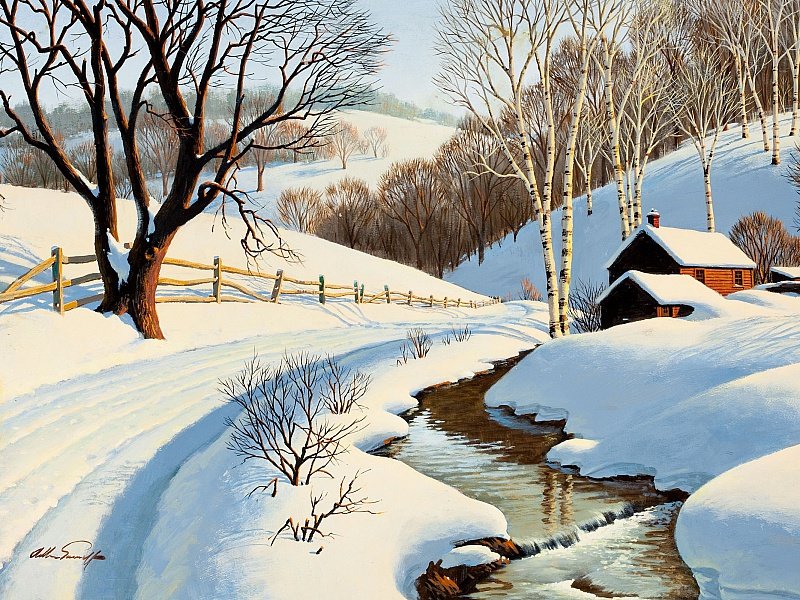 Зимний пейзаж - избушка, деревья, снег, домик, зима, зимний пейзаж, ручей - оригинал