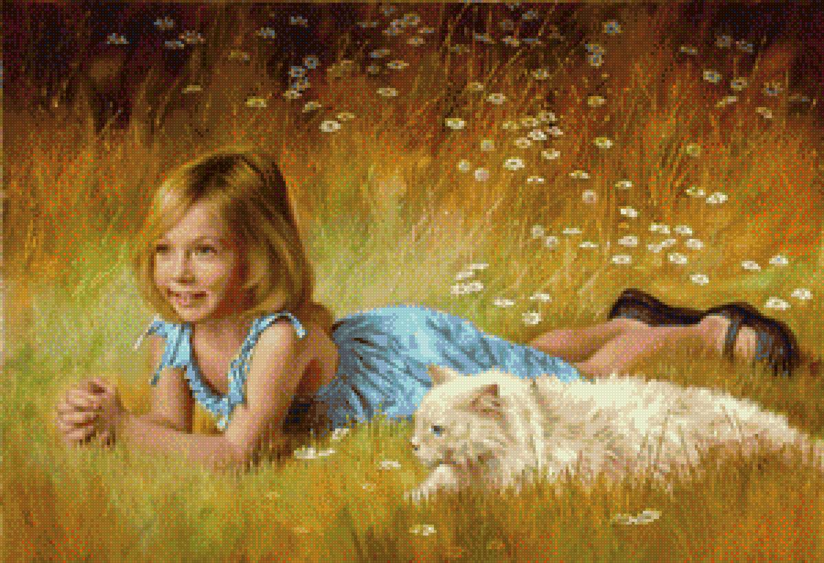 в траве - девочка, лето, кот - предпросмотр