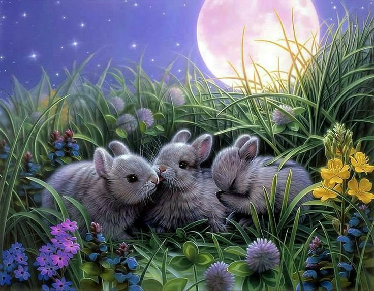 Под луной - кролики, ночь, луна, цветы, поляна, сказка - оригинал