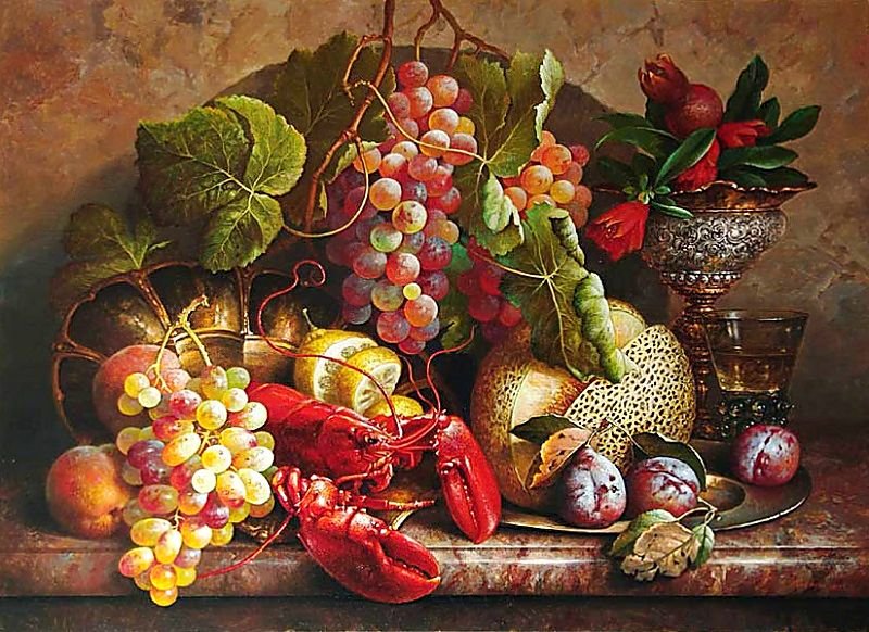 Художник Святослав Сметанин. Натюрморт с раком. - живопись., фрукты, натюрморт, рак - оригинал