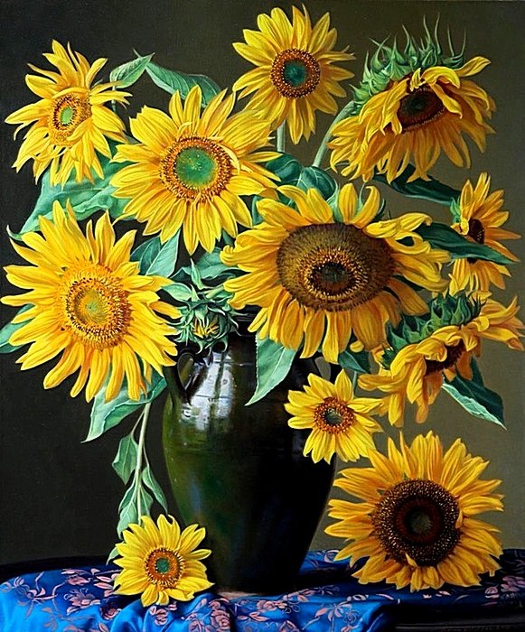 Солнышки - букет, подсолнухи, цветы, ваза - оригинал