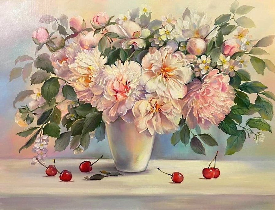нежные цветы - пион, розовые цветы, ягоды, букет, пионы - оригинал