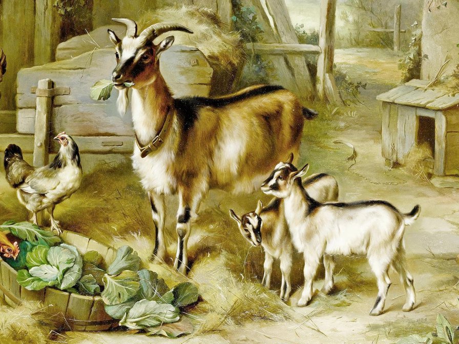 Коза с козлятами - козлята, деревенский двор, коза - оригинал