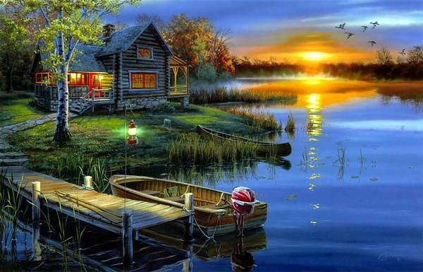 дом у реки - пейзаж, лодка, водоем, вечер, дом - оригинал