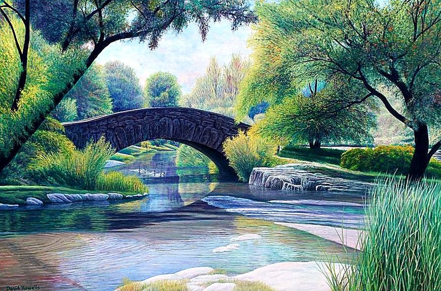 художник дэвид Хоуэлл. Пейзаж. - парк. река. мост. пейзаж, живопись. - оригинал
