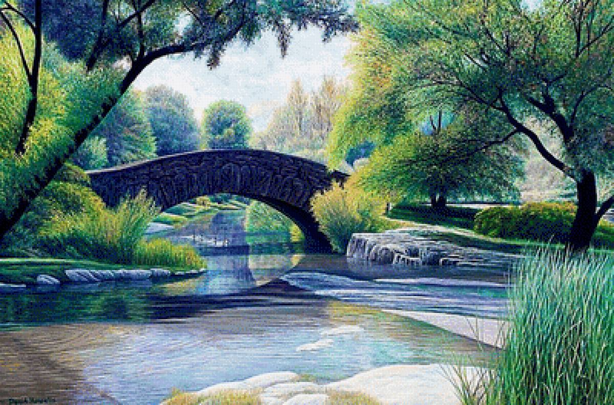 художник дэвид Хоуэлл. Пейзаж. - живопись., парк. река. мост. пейзаж - предпросмотр