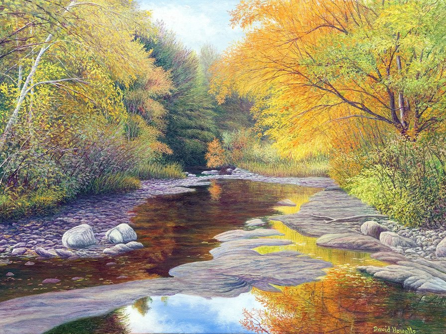 Художник Дэвид Хоуэлл. Осень на реке. - река, пейзаж, живопись., осень - оригинал