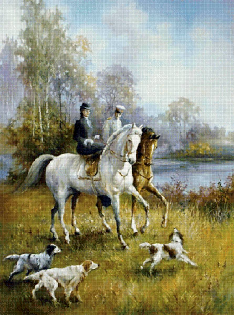 Прогулка верхом - собаки, прогулка, лошади, пара - предпросмотр