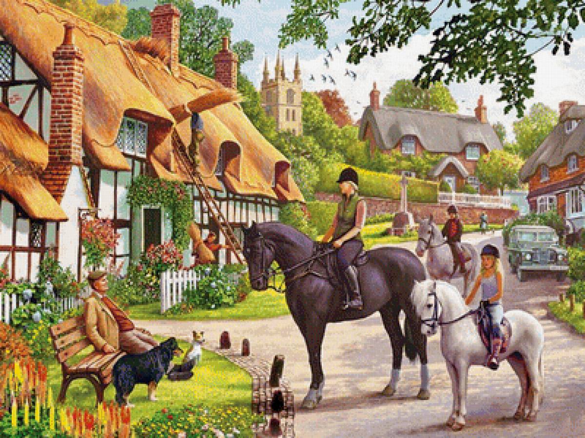 Английская деревня - лошади, домики - предпросмотр